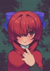 Rule 34 | 1girl, absurdres, bandaged neck, bandages, blue bow, bow, cloak, closed mouth, collar tug, commentary request, double dealing character, hair bow, hair over one eye, hand up, high collar, highres, long bangs, long sleeves, looking at viewer, punidayo, red cloak, red eyes, red hair, sekibanki, short hair, simple background, smile, solo, touhou, upper body