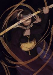 Rule 34 | 1girl, artist name, black background, black cape, black hair, black shirt, black sleeves, brown eyes, bukimi isan, cape, commentary request, covering one eye, cowboy shot, detached sleeves, english text, hands up, highres, holding, holding weapon, katana, long hair, looking at viewer, ponytail, shirt, shy (series), simple background, solo, sword, tennouji mai (shy), unfinished, weapon