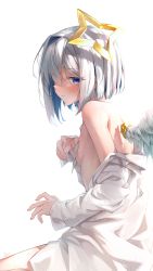 Rule 34 | 1girl, absurdres, amane kanata, angel, angel wings, bare shoulders, blue hair, blush, breasts, colored inner hair, feathered wings, frown, grey hair, hair over one eye, highres, hololive, looking at viewer, looking to the side, multicolored hair, naked shirt, off shoulder, purple eyes, rei (9086), shirt, short hair, signature, simple background, sitting, small breasts, solo, twitter username, virtual youtuber, white background, wings
