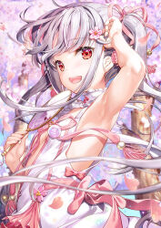 Rule 34 | 1girl, armpits, breasts, cherry blossoms, fujima takuya, hair between eyes, highres, holding, holding staff, original, red eyes, small breasts, smile, solo, staff, white hair