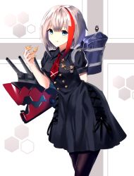 Rule 34 | 1girl, :q, admiral graf spee (azur lane), admiral graf spee (girl&#039;s sunday) (azur lane), arm behind back, azur lane, bag, bag charm, black dress, black pantyhose, blue eyes, breasts, bugles, bugles (food), bugles on fingers, buttons, chamnaitu, character charm, character doll, charm (object), deutschland (azur lane), double-breasted, dress, food, food on hand, highres, leaning forward, looking at viewer, machinery, medium breasts, multicolored hair, necktie, pantyhose, red hair, red necktie, school bag, short hair, short sleeves, silver hair, solo, standing, streaked hair, tongue, tongue out, turret, two-tone background, two-tone hair, wing collar
