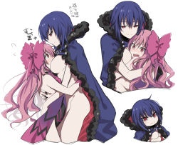 Rule 34 | 2girls, bare back, between breasts, black nails, blue cape, blue hair, blush, bow, breast press, breast smother, breasts, cape, chibi, ciel (tsukihime), closed mouth, commentary request, cropped legs, cropped torso, dainatsu, dead apostle noel (tsukihime), elesia, face between breasts, face to breasts, flying sweatdrops, fur-trimmed cape, fur trim, hair bow, head between breasts, height difference, highres, hug, large bow, long hair, looking at another, looking at viewer, medium breasts, multiple girls, multiple views, nail polish, naked cape, noel (tsukihime), nude, open mouth, pink bow, pink hair, red eyes, short hair, sidelocks, simple background, slit pupils, smile, standing, translation request, tsukihime, tsukihime (remake), tsurime, white background, yuri