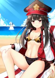 Rule 34 | &gt;:), 1girl, beach, bikini, black bikini, black hair, blue sky, chair, cloud, day, fate/grand order, fate (series), frilled bikini, frills, hat, highres, horizon, jacket, koha-ace, long hair, looking at viewer, lounge chair, medjed (fate), multicolored clothes, multicolored jacket, oda nobunaga (fate), oda nobunaga (koha-ace), oda nobunaga (swimsuit berserker) (first ascension) (fate), oda nobunaga (swimsuit berserker) (second ascension) (fate), outdoors, peaked cap, red eyes, sitting, sky, smile, swimsuit, two-tone jacket, v-shaped eyebrows, yan lie