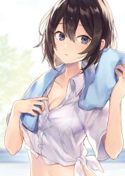Rule 34 | 1girl, blue eyes, blue towel, breasts, brown hair, cleavage, collarbone, dress shirt, hair between eyes, looking to the side, medium breasts, midriff, mole, mole under eye, original, shirt, short hair, shugao, solo, standing, stomach, tied shirt, towel, towel around neck, upper body, wet, wet hair, white background, white shirt