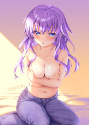 Rule 34 | 1girl, artist name, blue eyes, breasts, collarbone, commission, covering privates, covering breasts, crossed arms, denim, jeans, long hair, looking at viewer, medium breasts, navel, pants, purple hair, satomi yoshitaka, sitting, skeb commission, solo, sorakado ai, summer pockets, topless