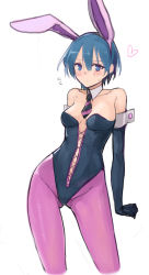 Rule 34 | 10s, 1girl, aimitsu (ibityuttyu), akuma no riddle, alternate costume, animal ears, arm behind back, azuma tokaku, bare shoulders, black gloves, black necktie, blue eyes, blue hair, blush, breasts, breasts apart, cleavage, cowboy shot, detached collar, elbow gloves, embarrassed, fake animal ears, gloves, gluteal fold, hair between eyes, heart, heart-shaped pupils, highres, large breasts, leaning to the side, legs apart, leotard, looking at viewer, necktie, pantyhose, parted bangs, pink pantyhose, playboy bunny, purple necktie, purple pantyhose, rabbit ears, short hair, short necktie, simple background, solo, spoken heart, standing, striped necktie, symbol-shaped pupils, white background