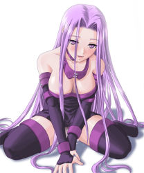 Rule 34 | 1girl, areola slip, bare shoulders, blush, breasts, collar, dress, elbow gloves, fate/stay night, fate (series), gloves, large breasts, long hair, medusa (fate), medusa (rider) (fate), nanagami ginji, nipple slip, nipples, purple eyes, purple hair, pussy juice, simple background, sitting, solo, spread legs, strapless, strapless dress, thighhighs, very long hair, wariza