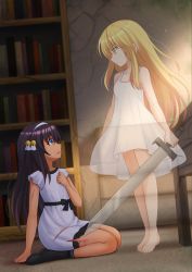 Rule 34 | 2girls, arm support, bare arms, bare shoulders, barefoot, bell, black footwear, black hair, blonde hair, blue eyes, book, bookshelf, boots, collarbone, commentary, commission, cuts, dress, eye contact, ghost, hair bell, hair ornament, hair ribbon, hairband, hand on own chest, highres, holding, holding sword, holding weapon, indoors, injury, jingle bell, kazenokaze, long hair, looking at another, multiple girls, original, parted lips, profile, ribbon, seiza, sitting, sleeveless, sleeveless dress, sundress, sweat, sword, tan, tiptoes, transparent, v-shaped eyebrows, very long hair, wavy mouth, weapon, white dress, white hairband, white ribbon, yellow eyes