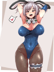 Rule 34 | animal ears, armpits, arms up, black pantyhose, blue eyes, blue leotard, braid, breasts, bridal garter, cleavage, commentary request, covered navel, detached collar, grey background, grey hair, groin, heart, highres, izayoi sakuya, large breasts, leotard, maid headdress, open mouth, pantyhose, playboy bunny, rabbit ears, short hair, side braids, spoken heart, starraisins, teeth, thigh strap, touhou, translation request, twin braids, upper teeth only