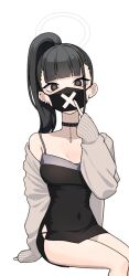 Rule 34 | 1girl, 28 (282teeth), black choker, black dress, black eyes, black hair, black mask, blue archive, breasts, choker, cleavage, collarbone, cosplay, dress, ear piercing, earrings, feet out of frame, grey jacket, halo, highres, jacket, jewelry, kayoko (blue archive), kayoko (blue archive) (cosplay), kayoko (dress) (blue archive), long hair, long sleeves, looking at viewer, mask, medium breasts, mouth mask, open clothes, open jacket, piercing, ponytail, simple background, solo, sukeban (smg) (blue archive), surgical mask, white background