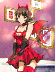 Rule 34 | 1girl, black gloves, breasts, brown hair, choker, chouhi ekitoku, cleavage, cleavage cutout, clothing cutout, collarbone, dress, elbow gloves, fake horns, frilled choker, frilled dress, frills, gloves, grin, hairband, holding, horns, ikkitousen, indoors, lens flare, looking at viewer, medium breasts, red choker, red dress, red eyes, red hairband, red thighhighs, red wings, short dress, short hair, sleeveless, sleeveless dress, smile, solo, standing, thighhighs, wings, zettai ryouiki
