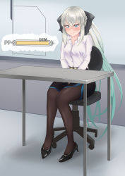 Rule 34 | 1girl, absurdres, belt, between legs, black bow, black footwear, black pantyhose, black skirt, blue eyes, blue hair, blue trim, blush, bow, braid, breasts, buttons, chair, closed mouth, collarbone, collared shirt, embarrassed, fate/grand order, fate (series), female focus, full body, gameplay mechanics, gradient hair, grey hair, hair bow, hand between legs, have to pee, high heels, highres, ikayaki-san, indoors, knees together feet apart, long hair, long sleeves, looking down, medium breasts, miniskirt, morgan le fay (fate), multicolored hair, nose blush, office chair, office lady, on chair, pantyhose, pencil skirt, ponytail, shirt, shirt tucked in, shoes, side slit, sidelocks, sitting, skirt, solo, split mouth, swivel chair, table, textless version, two-tone hair, urine meter, very long hair, white shirt