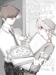 Rule 34 | 2boys, alternate costume, alternate universe, backwards hat, black pants, chinese commentary, commentary request, door, doorway, dress shirt, english text, eyunle34567, food, formal, gift art, happy birthday, hat, highres, holding, holding food, holding pizza, jounouchi katsuya, kaiba seto, leaning back, looking at another, male focus, monochrome, multiple boys, necktie, open mouth, pants, pizza, pizza box, pizza delivery, pointing, pointing down, screentones, serious, shirt, short hair, short sleeves, signature, spot color, standing, surprised, uniform, upper body, yu-gi-oh!, yu-gi-oh! duel monsters