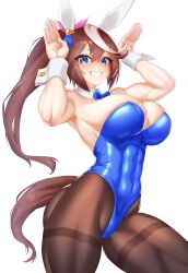 Rule 34 | 1girl, absurdres, alternate breast size, alternate costume, animal ears, bare shoulders, blue bow, blue bowtie, blue eyes, blue leotard, bow, bowtie, breasts, brown hair, brown pantyhose, cleavage, covered navel, detached collar, fake animal ears, hair between eyes, hands up, hatch (hatch24601), highres, horse ears, horse girl, horse tail, large breasts, leotard, long hair, looking at viewer, multicolored hair, muscular, muscular female, nontraditional playboy bunny, pantyhose, ponytail, rabbit ears, simple background, solo, streaked hair, tail, tokai teio (umamusume), umamusume, white background, white hair