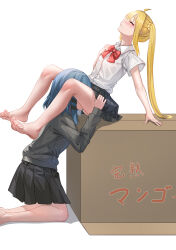 Rule 34 | 2girls, absurdres, ahoge, bare legs, barefoot, blonde hair, blue hair, blush, bocchi the rock!, bow, bowtie, box, cardboard box, cardigan, closed eyes, closed mouth, collared shirt, covered mouth, cunnilingus, feet, grey cardigan, grey shirt, grey skirt, hair ornament, hairclip, hand on own chest, highres, ijichi nijika, implied cunnilingus, long hair, multiple girls, on box, oral, pleated skirt, pussy juice, red bow, red bowtie, reiku09, school uniform, shimokitazawa high school uniform, shirt, short hair, short sleeves, side ponytail, sidelocks, sitting, sitting on box, skirt, white background, white shirt, yamada ryo, yuri