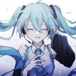 Rule 34 | 1girl, aqua hair, aqua necktie, bare shoulders, closed eyes, commentary, detached sleeves, facing viewer, gradient background, hatsune miku, headset, long hair, necktie, open mouth, rokuya (68 zusao), solo, symbol-only commentary, twintails, upper body, vocaloid