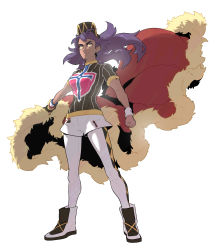 Rule 34 | 1boy, baseball cap, boots, bright pupils, cape, champion uniform, closed mouth, commentary request, creatures (company), dark-skinned male, dark skin, dynamax band, facial hair, fur-trimmed cape, fur trim, game freak, gloves, hat, highres, korean commentary, leggings, leon (pokemon), long hair, male focus, nintendo, partially fingerless gloves, pokemon, pokemon swsh, purple hair, red cape, redlhzz, shield print, shirt, short shorts, short sleeves, shorts, simple background, smile, solo, standing, sword print, white background, white footwear, white leggings, white pupils, white shorts, yellow eyes