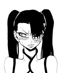 Rule 34 | 1girl, arrancar, artist request, bare shoulders, black hair, bleach, blush, embarrassed, female focus, highres, loly aivirrne, long hair, looking back, monochrome, skirt, sweat, tsundere, twintails, upper body