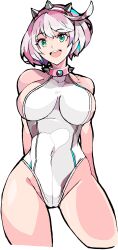 Rule 34 | absurdres, adapted costume, bodysuit, breasts, collar, covered navel, elphelt valentine, enpe, green eyes, guilty gear, guilty gear strive, hairband, highres, large breasts, open mouth, pink hairband, sideboob, smile, spiked collar, spiked hairband, spikes, white bodysuit, white hair