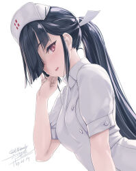 Rule 34 | 1girl, alternate costume, bad id, bad twitter id, black hair, breasts, buttons, dated, double-breasted, hair over one eye, hat, hayashimo (kancolle), highres, kantai collection, long hair, looking at viewer, nurse, nurse cap, ponytail, red eyes, rokuwata tomoe, short sleeves, small breasts, solo, twitter username, white background, white uniform