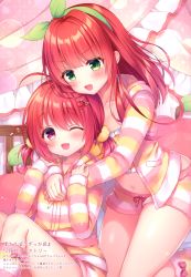 Rule 34 | 2girls, :d, ;d, absurdres, age difference, ahoge, bed, canopy bed, crop top, frills, green eyes, hair ornament, hairband, hairclip, highres, hug, hug from behind, long hair, long sleeves, looking at viewer, loungewear, low twintails, midriff, mitsuba choco, multiple girls, navel, on bed, one eye closed, open mouth, orange shirt, original, red eyes, red hair, scan, shirt, short shorts, shorts, sitting, smile, striped clothes, striped shorts, striped sweater, sweater, thighs, twintails, v-shaped eyebrows