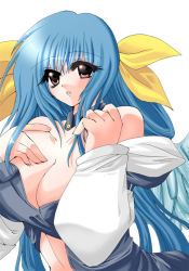 Rule 34 | 1girl, :o, arc system works, bare shoulders, blue hair, blush, breasts, center opening, choker, cleavage, collarbone, detached sleeves, dizzy (guilty gear), eyelashes, guilty gear, hair ribbon, hand on own chest, large breasts, long hair, long sleeves, looking at viewer, open mouth, ribbon, simple background, solo, upper body, white background