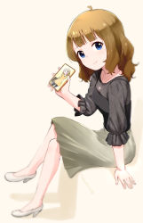Rule 34 | 1girl, aged up, black shirt, blouse, blue eyes, blunt bangs, bracelet, brown hair, from side, green skirt, high heels, highres, holding, holding phone, holding photo, idolmaster, idolmaster million live!, invisible chair, jewelry, looking at viewer, medium hair, nagian, necklace, phone, photo (object), shirt, simple background, sitting, skirt, solo, suou momoko, white footwear