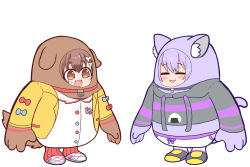 Rule 34 | 2girls, animal ears, blush, brown eyes, brown hair, cat ears, closed eyes, collar, commentary request, cosplay, dog ears, fall guy, fall guy (cosplay), fall guys, fang, hololive, hood, hoodie, inugami korone, inugami korone (1st costume), jacket, matarou (matarou072), multiple girls, nekomata okayu, nekomata okayu (1st costume), open mouth, purple hair, simple background, tail, virtual youtuber, white background, yellow jacket