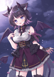 Rule 34 | 1girl, :d, animal ear fluff, animal ears, bare shoulders, black hair, black nails, black thighhighs, black wings, breasts, cloud, commentary request, cowboy shot, demon girl, demon horns, demon tail, demon wings, fangs, frilled skirt, frills, garter straps, hand up, horns, indie virtual youtuber, koaku mayo, looking at viewer, mauve, medium breasts, multicolored hair, nail polish, night, night sky, open mouth, pink hair, purple eyes, purple skirt, see-through, shirt, short hair, skirt, sky, smile, solo, star (sky), starry sky, streaked hair, tail, thighhighs, virtual youtuber, white shirt, wings, wrist cuffs