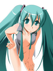 Rule 34 | 00s, 1girl, aqua eyes, aqua nails, bad id, bad pixiv id, bottomless, breasts, censored, convenient censoring, eyes visible through hair, fingernails, hand on own hip, hanging breasts, hatsune miku, hayashi custom, leaning forward, long hair, matching hair/eyes, medium breasts, nail polish, naked necktie, necktie, no bra, open clothes, open shirt, shirt, simple background, smile, solo, standing, twintails, very long hair, vocaloid, white background