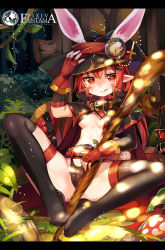 Rule 34 | 1girl, :p, animal ears, belt, black thighhighs, blush stickers, breasts, cape, clock, feet, feet together, fingerless gloves, gloves, hat, highres, letterboxed, long hair, looking at viewer, midriff, mvv, no shoes, pixiv fantasia, pixiv fantasia fallen kings, pointy ears, rabbit ears, red eyes, red hair, sitting, small breasts, solo, staff, star-shaped pupils, star (symbol), symbol-shaped pupils, thighhighs, tongue, tongue out, tree, underboob