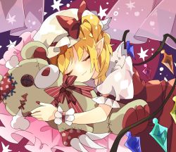 Rule 34 | 1girl, :3, blonde hair, bow, bowtie, closed eyes, commentary, crystal, curtains, facing viewer, flandre scarlet, hat, hat bow, highres, hugging object, medium hair, mob cap, nail polish, nikorashi-ka, one-hour drawing challenge, patch, pillow, pointy ears, puffy short sleeves, puffy sleeves, red bow, red bowtie, red nails, red skirt, red vest, shirt, short sleeves, sidelocks, skirt, sleeping, solo, star (symbol), stitches, striped bow, striped bowtie, striped clothes, stuffed animal, stuffed toy, teddy bear, touhou, upper body, vest, white hat, white shirt, wings
