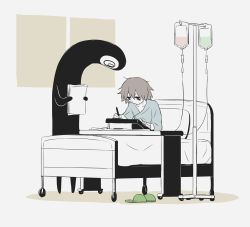 Rule 34 | 1boy, 1other, avogado6, bags under eyes, bed, creature, highres, hospital, hospital bed, hospital gown, intravenous drip, original, short hair, slippers, stylus