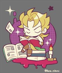 Rule 34 | 1boy, blonde hair, book, book stack, candle, chibi, chibi only, closed eyes, closed mouth, crossed legs, dio brando, earrings, fire, full body, grey background, jewelry, jojo no kimyou na bouken, kotorai, male focus, no nose, open book, reading, short hair, sitting, solo, sparkle, star (symbol), twitter username