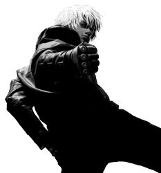 Rule 34 | 1boy, artist request, gloves, greyscale, highres, k&#039; (kof), male focus, monochrome, realistic, snk, solo, tan, the king of fighters, white hair