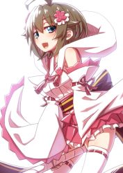 Rule 34 | 1girl, akazukin (mary skelter), alternate costume, bare shoulders, blush, brown hair, coat, detached sleeves, fur trim, green eyes, hair ornament, mary skelter, mizunashi (second run), nontraditional miko, open mouth, ribbon trim, short hair, smile, solo, thighhighs, wide sleeves