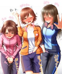 Rule 34 | 3girls, apotea, arm up, between legs, black pants, blue jacket, blue shorts, blush, breasts, brown eyes, brown hair, closed eyes, collarbone, embarrassed, female focus, half-closed eye, half-closed eyes, hand beneath clothes, hand between legs, hand in pocket, hands together, have to pee, heavy breathing, highres, honda mio, idolmaster, idolmaster cinderella girls, jacket, japanese text, jewelry, legs together, long hair, long sleeves, looking at viewer, matching hair/eyes, medium breasts, multiple girls, necklace, nose blush, one eye closed, open mouth, orange jacket, outstretched arm, pants, peeing, peeing self, pink jacket, shibuya rin, shimamura uzuki, shirt, short hair, shorts, simple background, speech bubble, standing, star (symbol), sweat, tears, teeth, text focus, translation request, trembling, wet, wet clothes, white background, white shirt, yellow eyes, zipper, zipper pull tab