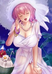 Rule 34 | 1girl, alternate costume, bracelet, breasts, cleavage, closed eyes, dress, drinking straw, facing viewer, hand on lap, highres, jewelry, large breasts, looking at viewer, necklace, open mouth, pink hair, saigyouji yuyuko, saigyouji yuyuko (seamless swimsuit ghost), short hair, shounen (hogehoge), solo, teeth, touhou, touhou lostword, upper teeth only, variant set, white dress, white headwear