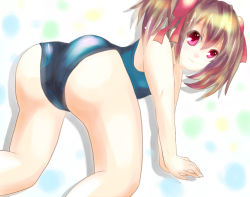 Rule 34 | 10s, 1girl, all fours, ass, bare shoulders, brown hair, hair ribbon, looking at viewer, looking back, one-piece swimsuit, red eyes, ribbon, school swimsuit, shiny clothes, shiny skin, silica, simple background, smile, solo, swimsuit, sword art online, twintails