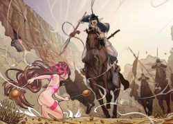 Rule 34 | 3boys, animal, armor, army, ass, back, bare shoulders, barefoot, beard, black eyes, black hair, brown hair, chinese armor, chinese clothes, double bun, dual wielding, dudou, facial hair, hair bun, helmet, highres, holding, holding polearm, holding weapon, horse, kneeling, long hair, multiple boys, mustache, on one knee, open mouth, original, outdoors, polearm, revealing clothes, sheath, sheathed, soldier, sword, tiptoes, very long hair, weapon, yewang19