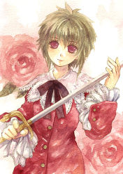 Rule 34 | 1girl, asellus (saga frontier), breasts, commentary request, dress, flower, green hair, painting (medium), red flower, red rose, rose, saga, saga frontier, shiroma (mamiko), short hair, solo, traditional media, watercolor (medium)