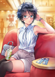 Rule 34 | 1girl, arm up, armpits, bag, bare arms, bare shoulders, black hair, black thighhighs, blue eyes, blush, bottle, breasts, commentary request, couch, earrings, feet out of frame, glasses, grey ribbon, grey shorts, handbag, highres, holding, holding bottle, indoors, jewelry, looking at viewer, matsuda (matsukichi), medium breasts, neck ribbon, original, ribbon, shirt, short hair, short shorts, shorts, sitting, sleeveless, sleeveless shirt, solo, striped clothes, striped shirt, thighhighs, thighs, vertical-striped clothes, vertical-striped shirt, white shirt
