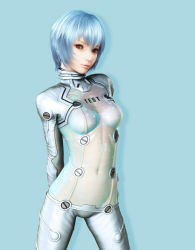 Rule 34 | 1girl, 3d, ayanami rei, blue hair, highres, ikedan, lips, md5 mismatch, navel, neon genesis evangelion, plugsuit, realistic, rebuild of evangelion, red eyes, resolution mismatch, science fiction, see-through, skin tight, solo, source larger, test plugsuit