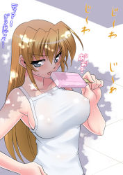 Rule 34 | 00s, 1girl, bare shoulders, blue eyes, breasts, dappled sunlight, covered erect nipples, impossible clothes, impossible shirt, large breasts, licking, long hair, lyrical nanoha, mahou shoujo lyrical nanoha, mahou shoujo lyrical nanoha strikers, orange hair, popsicle, sakura ryuuken, shade, shirt, sideboob, skindentation, solo, sunlight, tank top, taut clothes, taut shirt, teana lanster, tongue, translation request