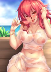 Rule 34 | 1girl, bare shoulders, blush, bottomless, breasts, curvy, elesis (elsword), elsword, fi-san, food, highres, large breasts, long hair, looking at viewer, naughty face, navel, nipples, no panties, open mouth, popsicle, red eyes, red hair, sarong, see-through, sexually suggestive, sitting, smile, solo, sweat, thick thighs, thighs, tongue, tongue out, wide hips