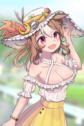 Rule 34 | 1girl, absurdres, alternate costume, amite-faust, animal ears, arm up, armpits, bare shoulders, bead bracelet, beads, blush, bracelet, breasts, brown hair, cleavage, collarbone, commentary request, copano rickey (umamusume), criss-cross halter, double bun, fang, hair between eyes, hair bun, halterneck, highres, horse ears, horse girl, jewelry, large breasts, long hair, multicolored hair, open mouth, outdoors, pink eyes, shirt, skin fang, skirt, smile, solo, streaked hair, umamusume, white hair, white headwear, white shirt, yellow skirt