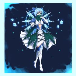 Rule 34 | adventurequest worlds, black background, blue bow, blue eyes, blue hair, boots, bow, cirno, dress, gloves, hand on own chin, hand on own face, hanmayuchi, high heel boots, high heels, ice, ice wings, mask, mouth mask, navel, scarf, solo, thighhighs, thighs, white footwear, white gloves, wings