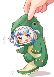 Rule 34 | 1other, blue eyes, blue hair, blunt bangs, blush, chibi, choppy bangs, commentary request, dinosaur costume, flying sweatdrops, gawr gura, grey hair, hololive, hololive english, kurushiro1102, lifting person, mini person, minigirl, multicolored hair, official alternate costume, onesie, open mouth, pov, pov hands, sharp teeth, solo focus, streaked hair, teeth, two side up, virtual youtuber