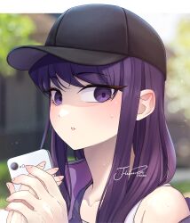 Rule 34 | 1girl, absurdres, baseball cap, black eyes, black hair, black hat, blurry, blurry background, cellphone, commentary, day, hat, highres, holding, holding phone, j humbo, komi-san wa komyushou desu, komi shouko, long hair, looking at viewer, outdoors, parted lips, phone, signature, smartphone, solo, sweat, symbol-only commentary