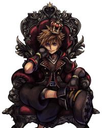 Rule 34 | 1boy, armchair, belt, black pants, blue eyes, brown hair, chair, cropped legs, crown, gloves, hand on own face, hood, hoodie, jewelry, kingdom hearts, kingdom hearts iii, crossed legs, looking at viewer, male focus, mini crown, necklace, nomura tetsuya, official art, open clothes, open hoodie, pants, shoes, smile, sneakers, solo, sora (kingdom hearts), spiked hair, square enix, transparent background, v-neck, zipper